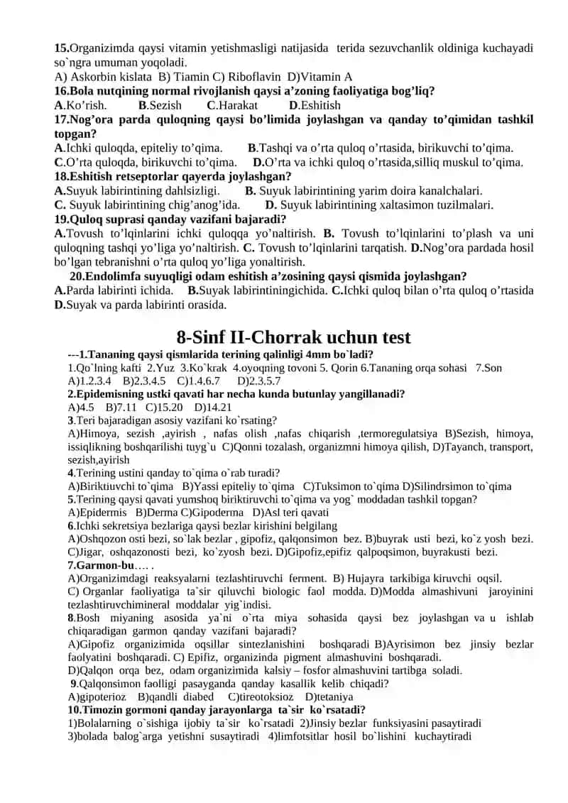 8-Sinf I-Chorrak uchun test 2