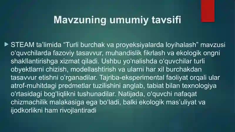 Turli burchak va proyeksiyalarda loyihalash tajriba-eksperimental faoliyatda atrof muhit haqida 2