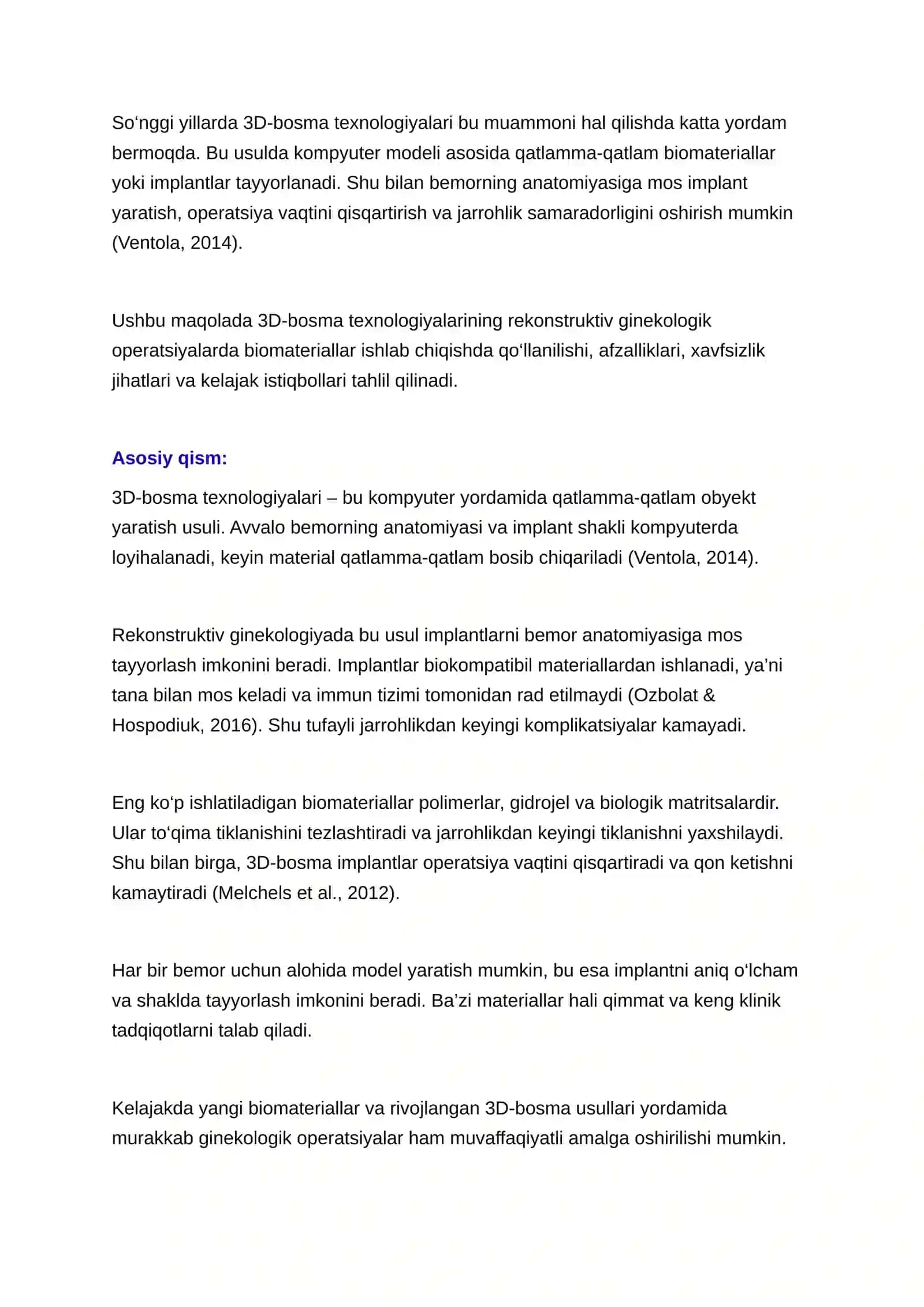 3D-bosma texnologiyalari yordamida rekonstruktiv ginekologik operatsiyalarda biomateriallar ishlab chiqish 2