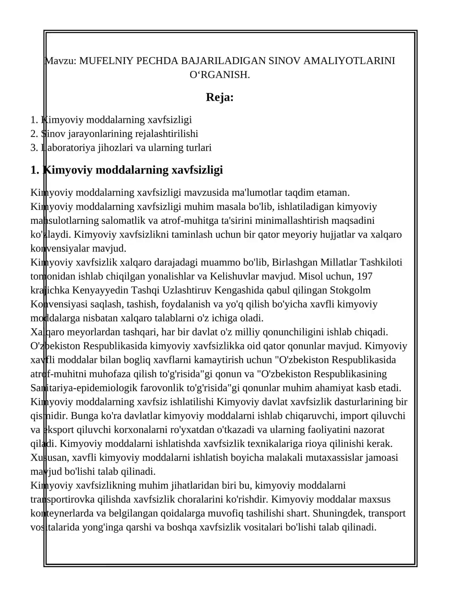 MUFELNIY PECHDA BAJARILADIGAN SINOV AMALIYOTLARINI O‘RGANISH 2