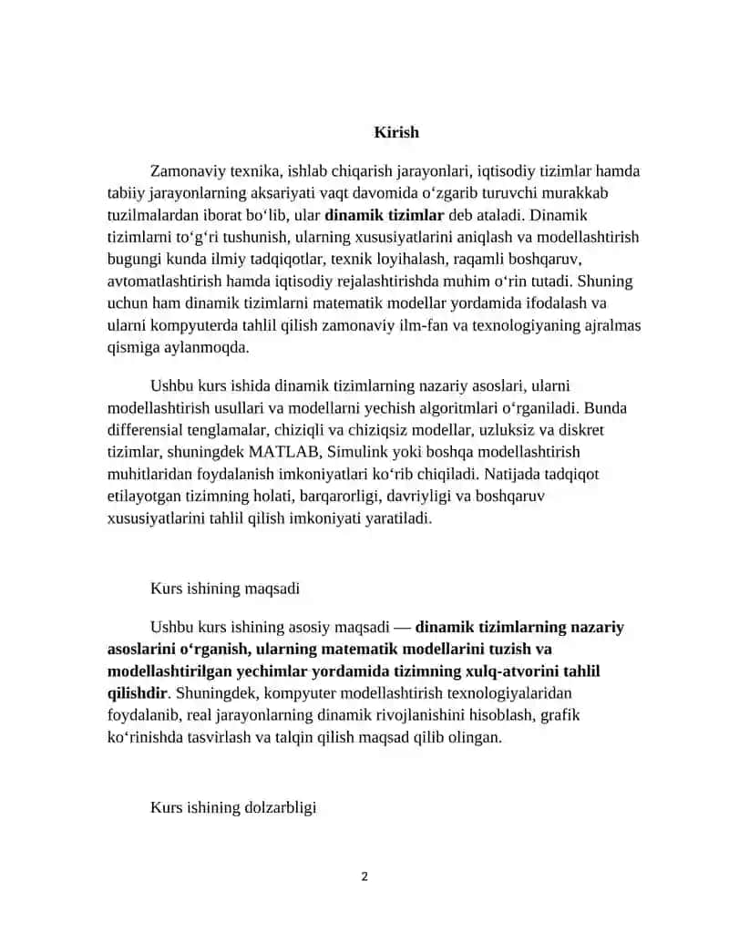 Dinamik tizimlar va ularning modellashtirilgan yechimlari 2