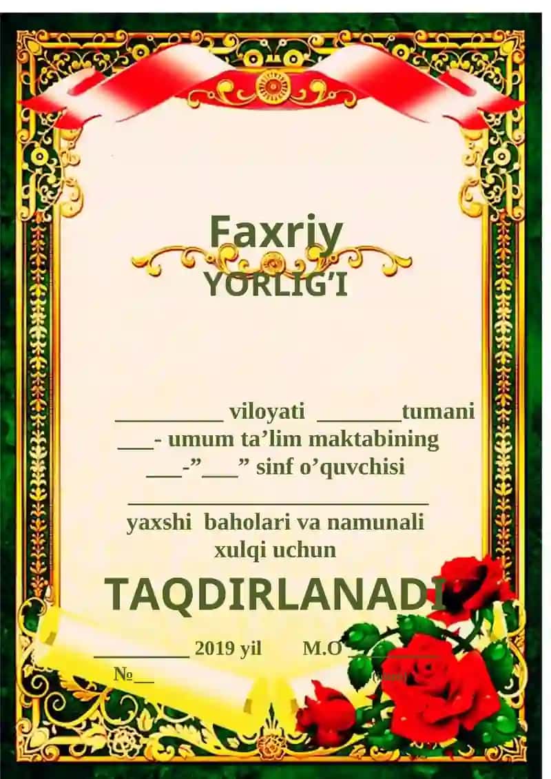 Faxriy YORLIG’I Faxriy yorliq shablon Word 2