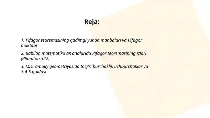 Pifagor teoremasining tarixiy asoslari 2
