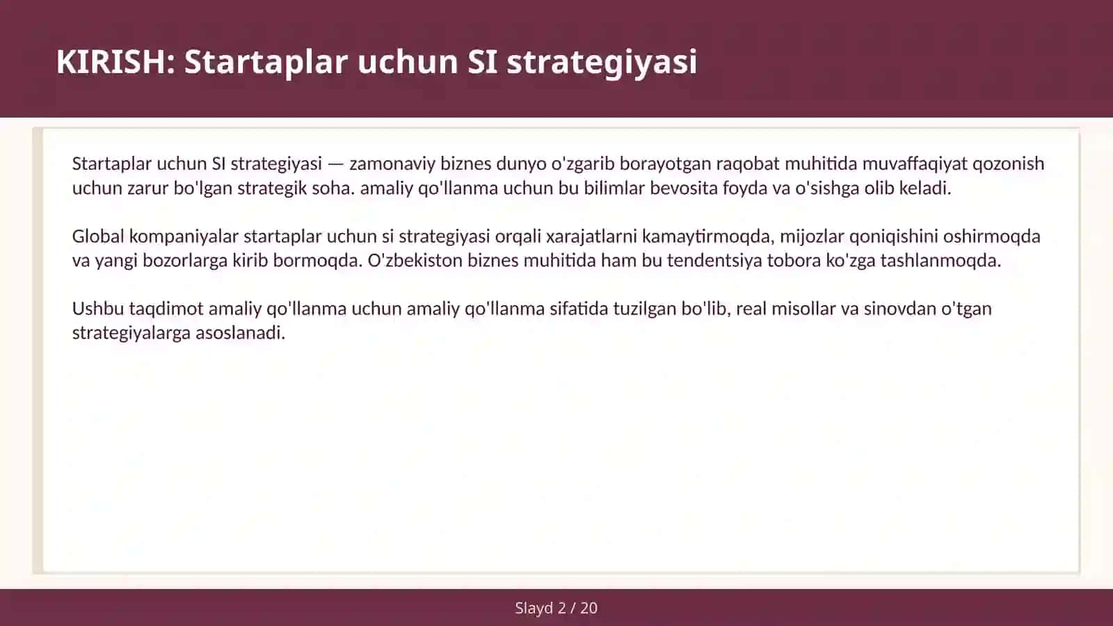 Startaplar uchun SI Strategiyasi 2