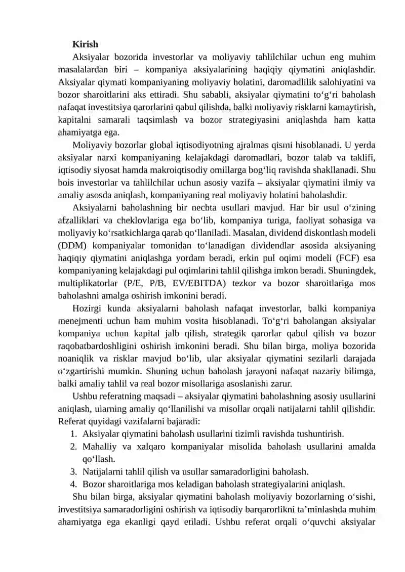 Aksiyalar qiymatini baholash usullari va ularning qoʻllanilishi boʻyicha amaliy misollar keltirish, tahliliy maqola 2