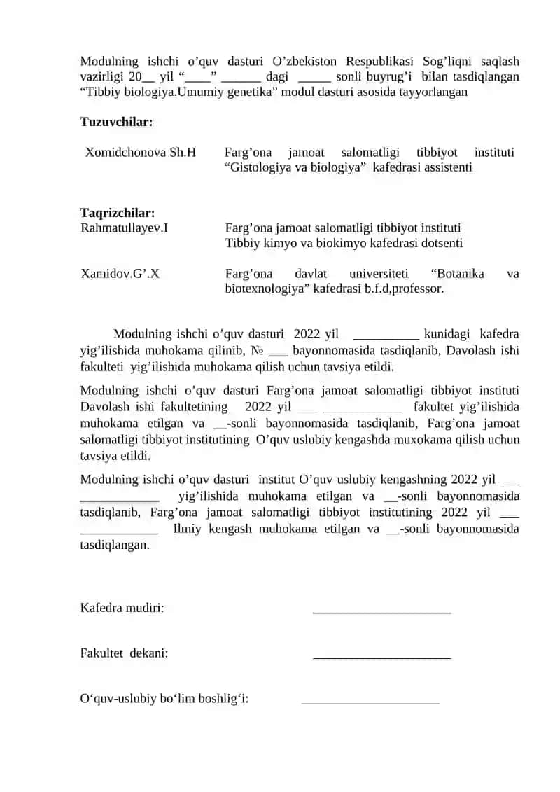 Tibbiy Biologiya Umumiy Genetika Modulining Ishchi O'quv Modul Dasturi 2