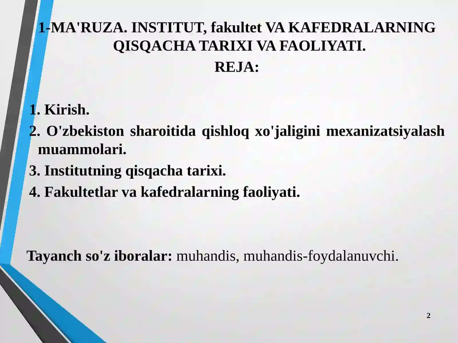 1-MA'RUZA. INSTITUT, fakultet VA KAFEDRALARNING QISQACHA TARIXI VA FAOLIYATI 2