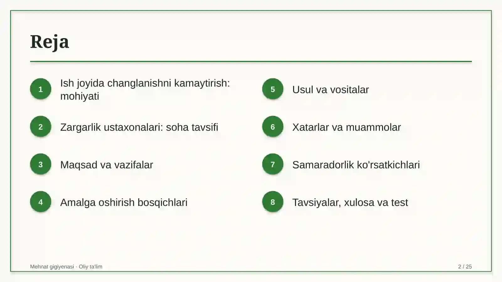 Zargarlik ustaxonalarida ish joyida changlanishni kamaytirish 2