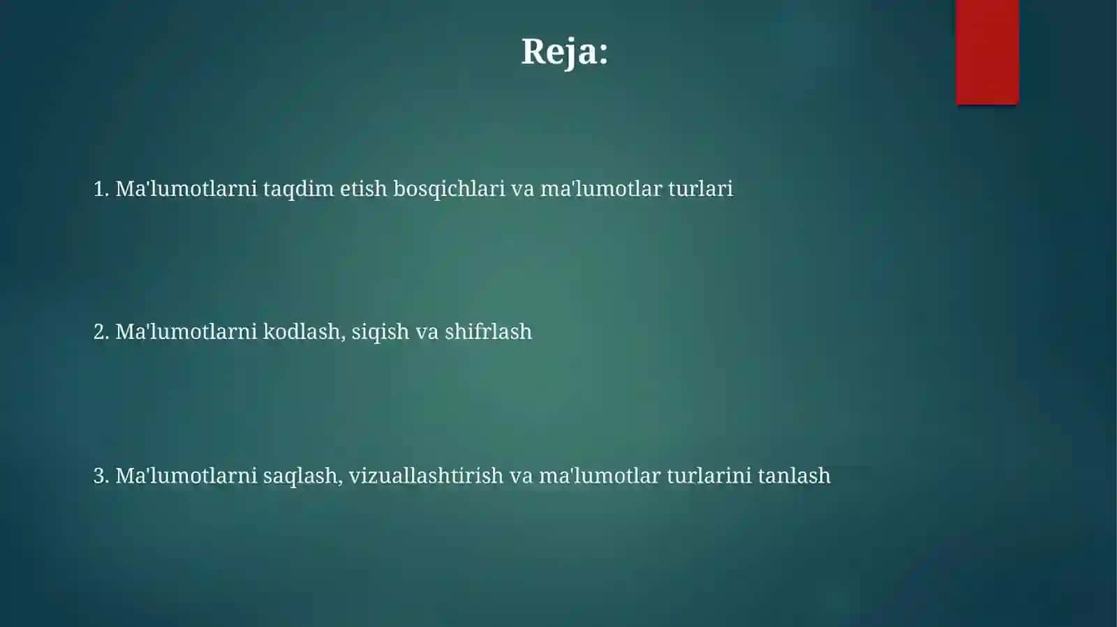 Ma'lumotlarni ifodalash bosqichlari. Ma'lumotlar toifalari 2