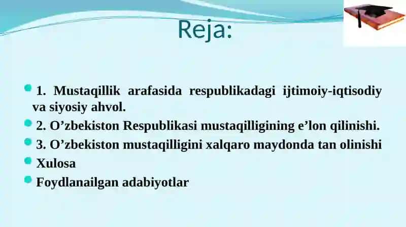 O'zbekiston mustaqillie’lonqilinish va xalqaro maydonda tanolinishi 2