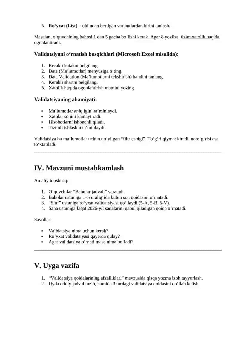 Validatsiya qoidalari 2
