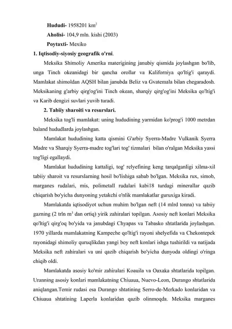 Meksikaning iqtisodiy-geografik o’rni,tabiiy resurslari,aholisi va xo’jaligi. 2