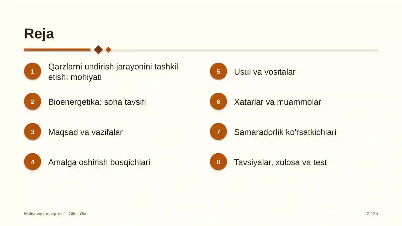 Bioenergetikada qarzlarni undirish jarayonini tashkil etish 2