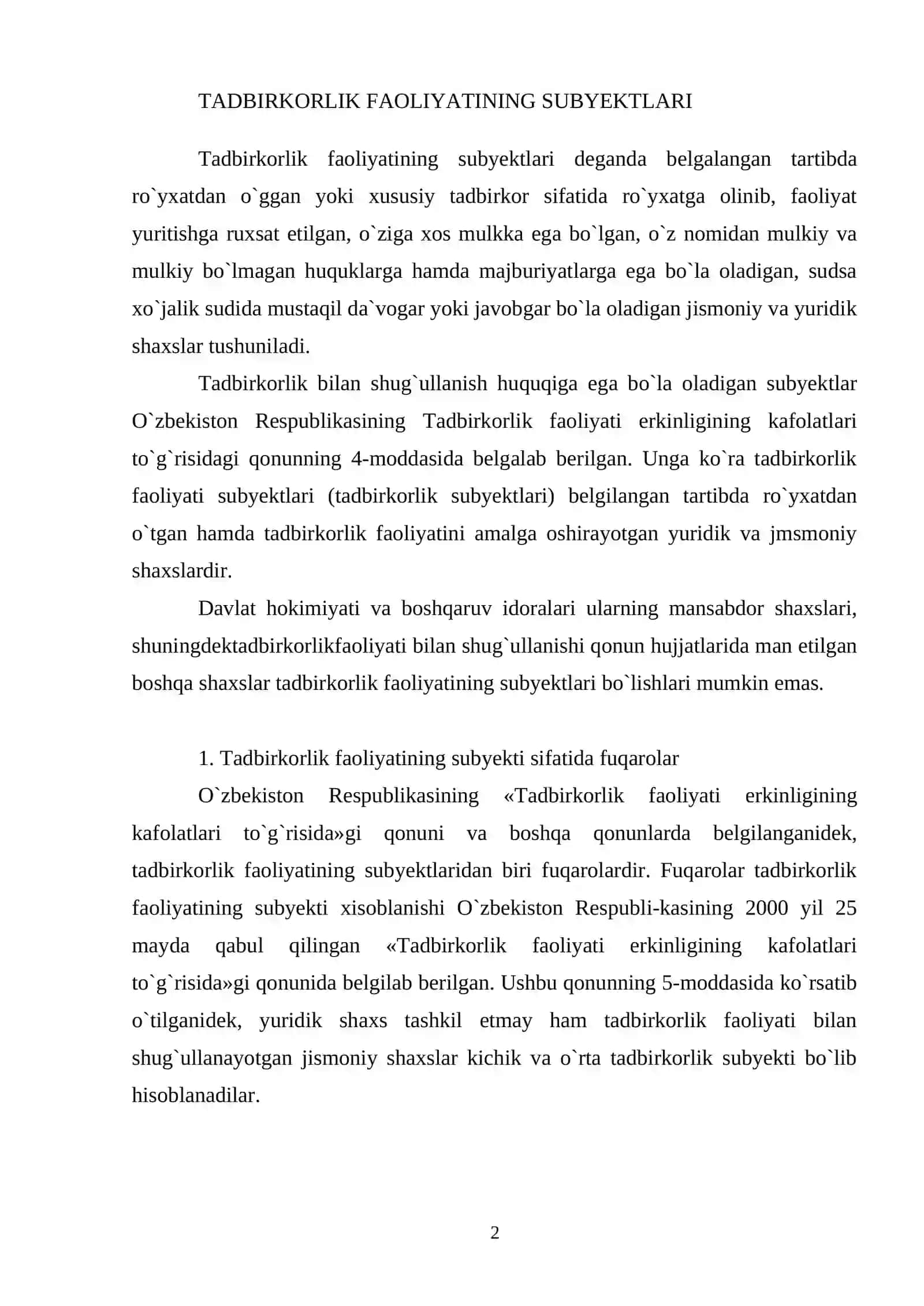 Tadbirkorlik faoliyatini tashkil etish 2
