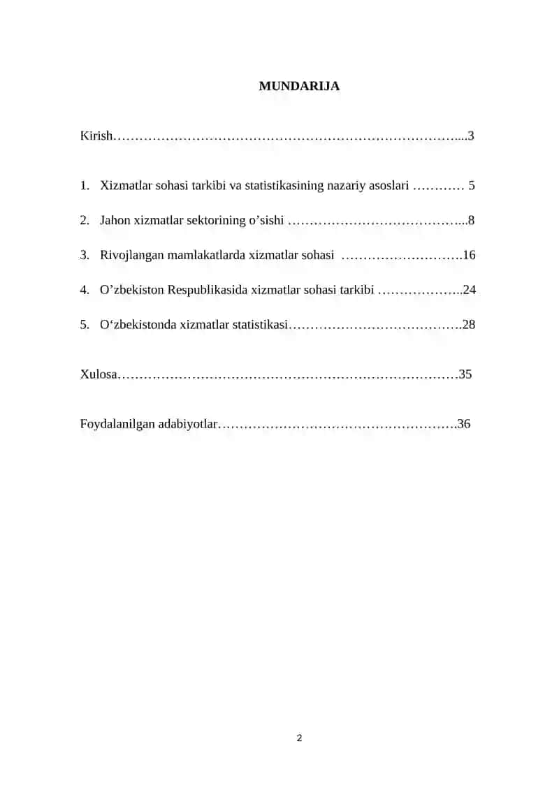 Xizmat ko’rsatish sohasi tarkibi va statistikasi 2