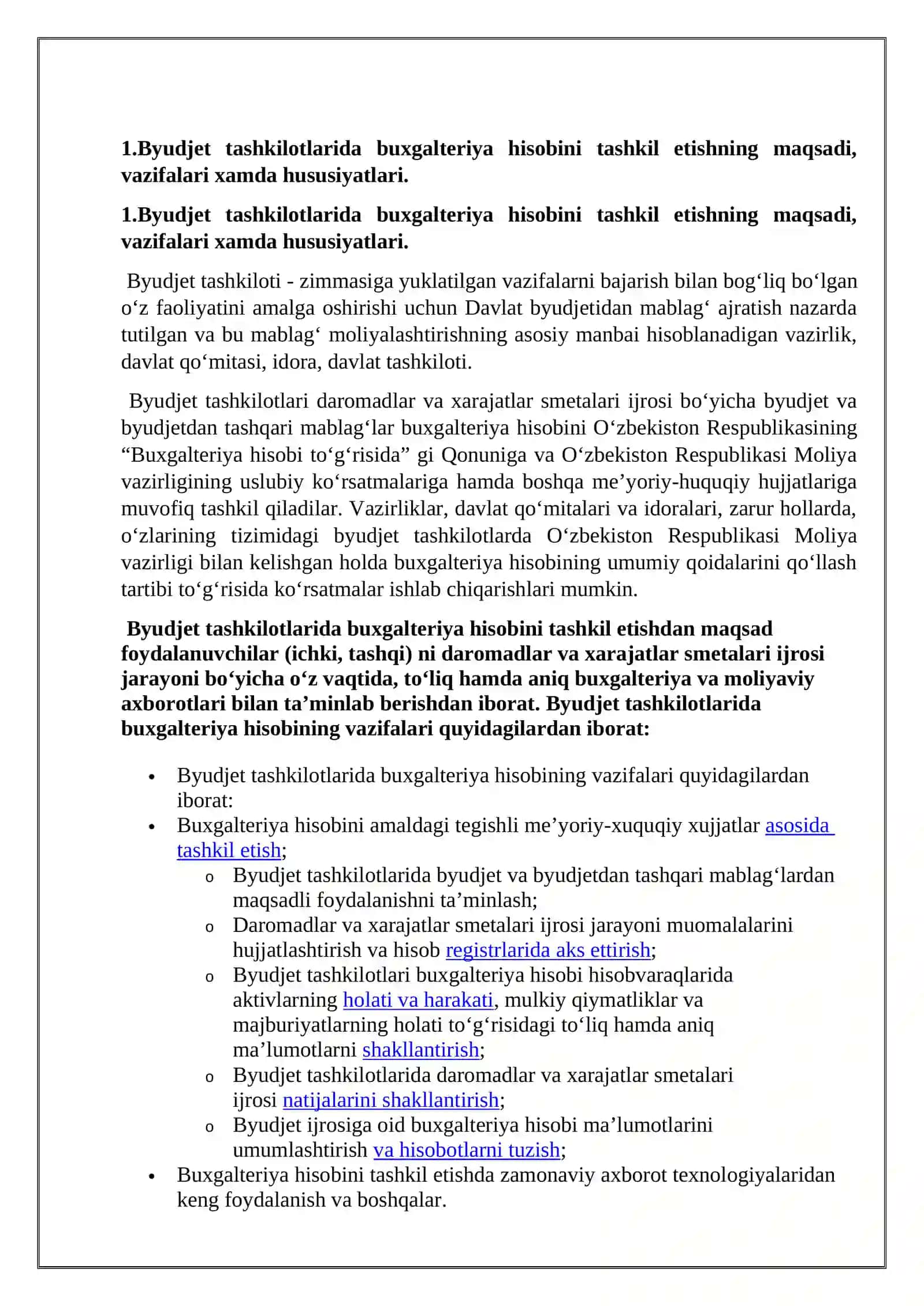 Byudjet tashkilotlarida byudjet hisobining tashkiliy uslubiy jihatlari 2