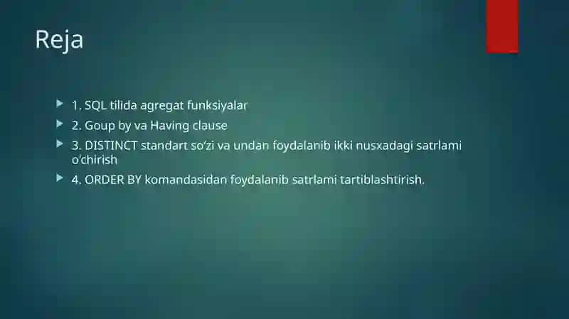 SQLda jarayonlar va standart funksiyalar 2