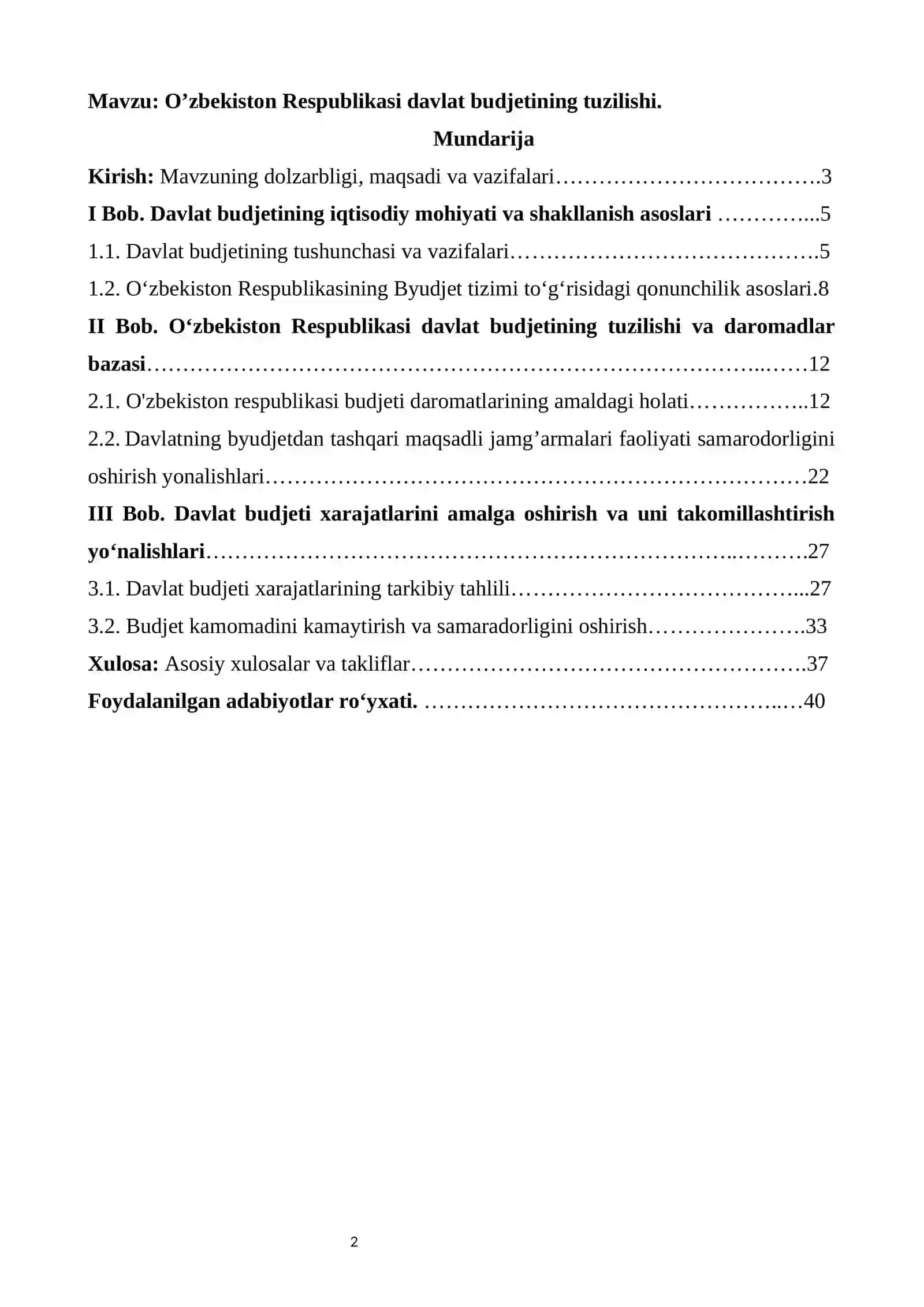 O’zbekiston Respublikasi davlat budjetining tuzilishi 2