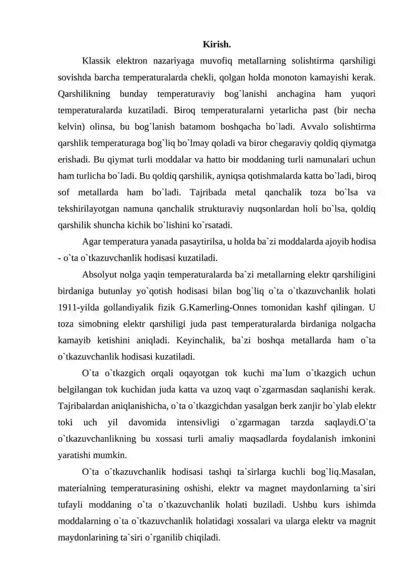 O’ta o’tkazuvchanlik va uning kvantomexanik talqini 2