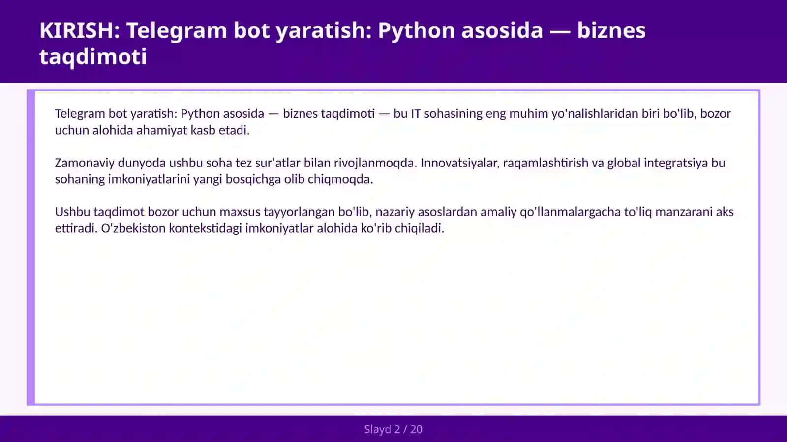 Telegram bot yaratish: Python asosida — biznes taqdimoti 2