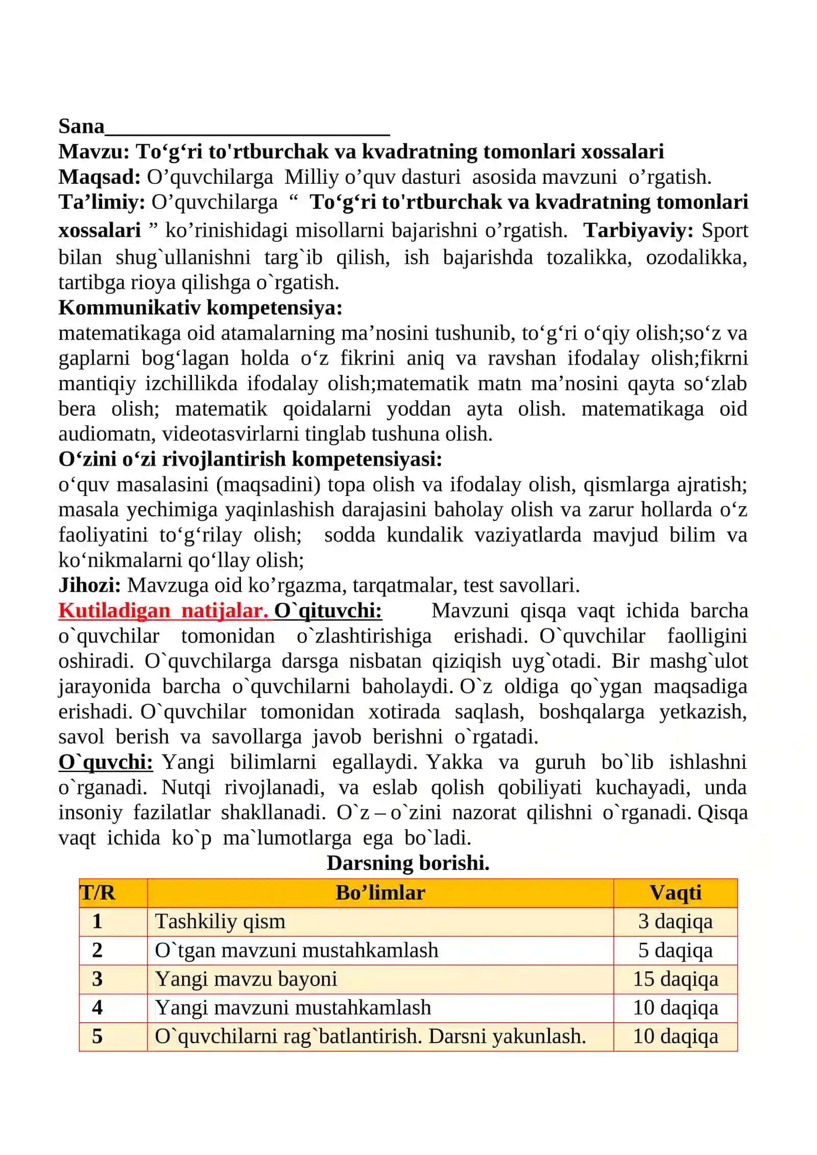 To‘g‘ri to'rtburchak va kvadratning tomonlari xossalari mavzusida 2-sinf matematika fanidan dars ishlanmasi 2