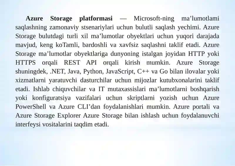 Windows Azure ma'lumotlarni saqlash xizmatlari 2