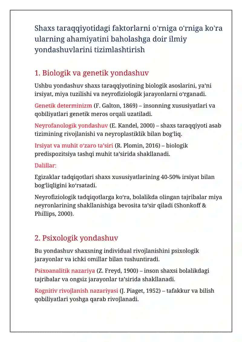 SHAXS SHAKLLANISHIGA TA’SIR KO’RSATUVCHI OMILLAR XUSUSYATINI USTUVORLIGI YOQLOVCHI YONDASHUV VAKILLARI KLASSIFIKATSIYASI 2