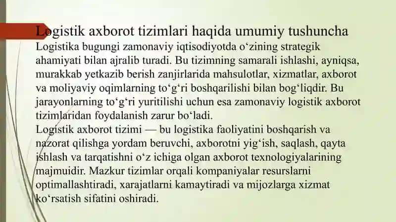 Mavzu: Logistik axborot tizimlarining turlari. Slayd 2