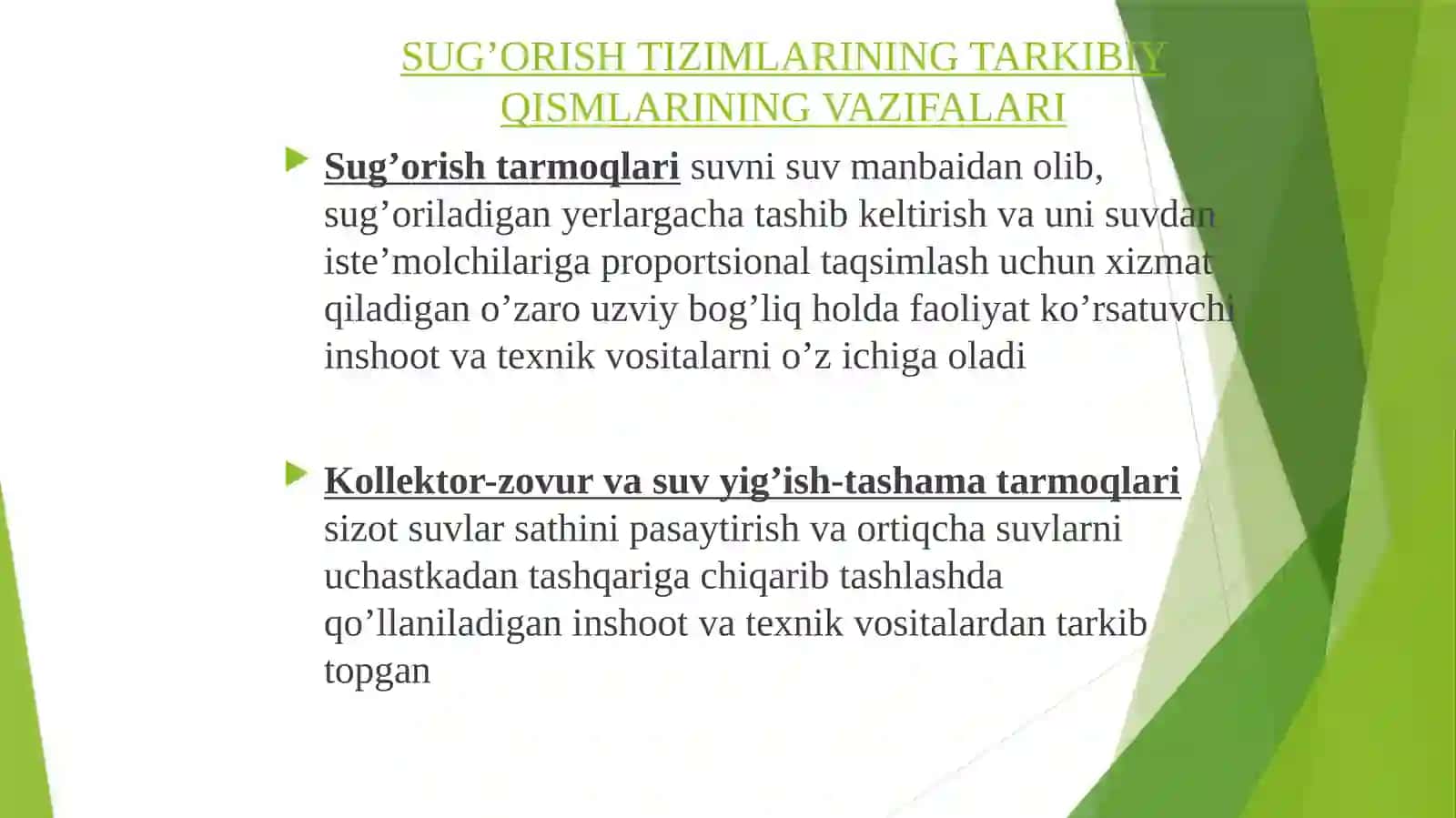 Sug’orish tizimlari va ulardan foydalanish 2