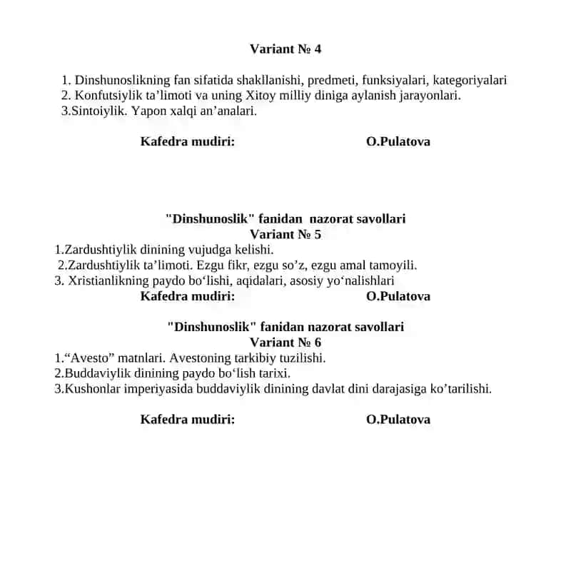 Dinshunoslik fanidan nazorat savollari 2