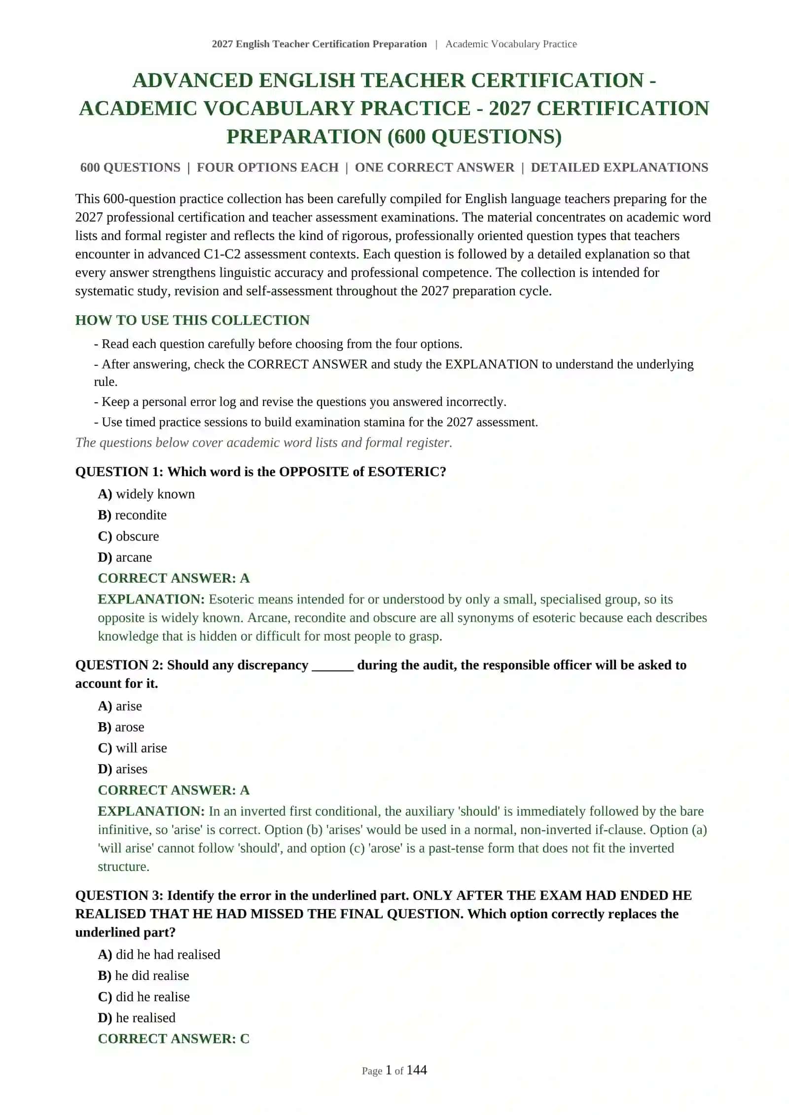 2027 English Teacher Certification Preparation | Academic Vocabulary Practice 2