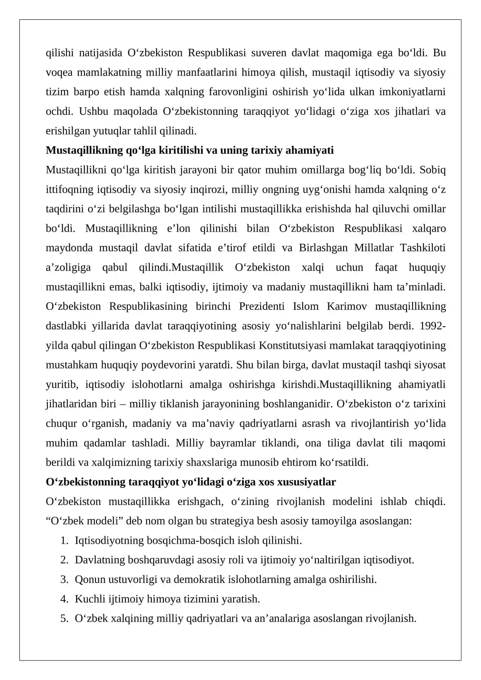 O‘ZBEKISTONNING O‘ZIGA XOS ISTIQLOL VA TARAQQIYOT YO‘LI 2
