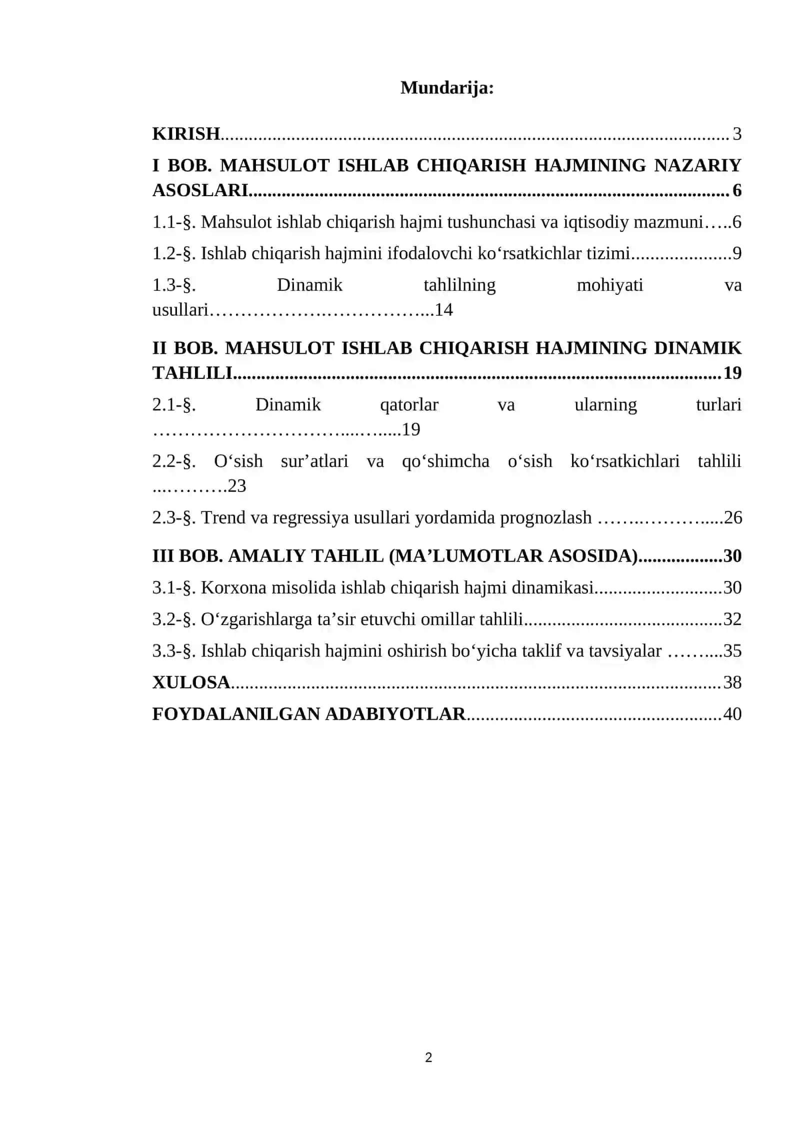 MOLIYAVIY VA IQTISODIY MA’LUMOTLAR TAHLILI FANIDAN “MAHSULOT ISHLAB CHIQARISH HAJMINING DINAMIK TAHLILI” MAVZUSIDA TAYYORLAGAN KURS ISHI 2