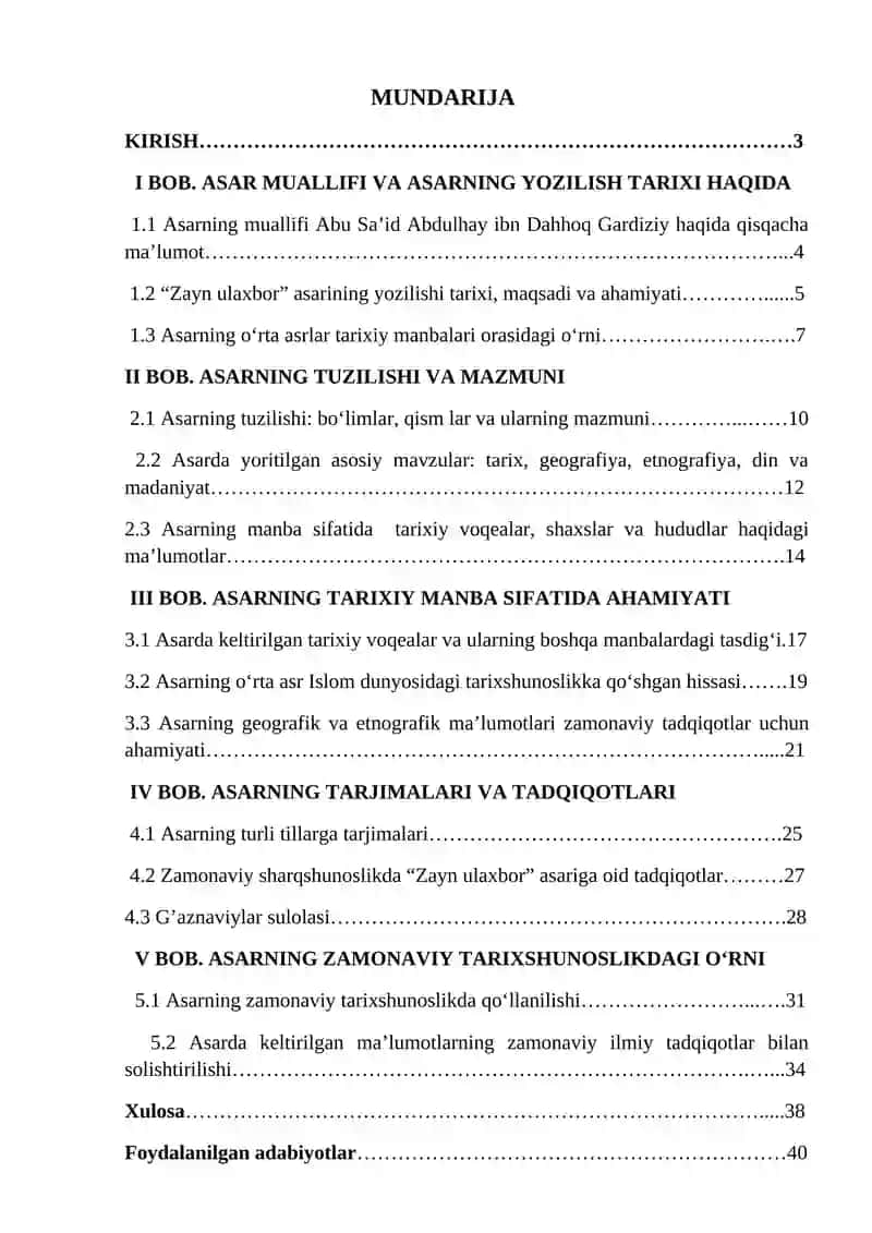 Kurs ishi “Zayn ul-axbor” asari manba sifatida. 2