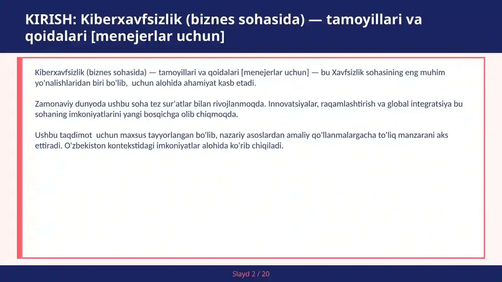 KIBERXAVFSIZLIK (BIZNES SOHASIDA) — TAMOYILLARI VA QOIDALARI [MENEJERLAR UCHUN] 2