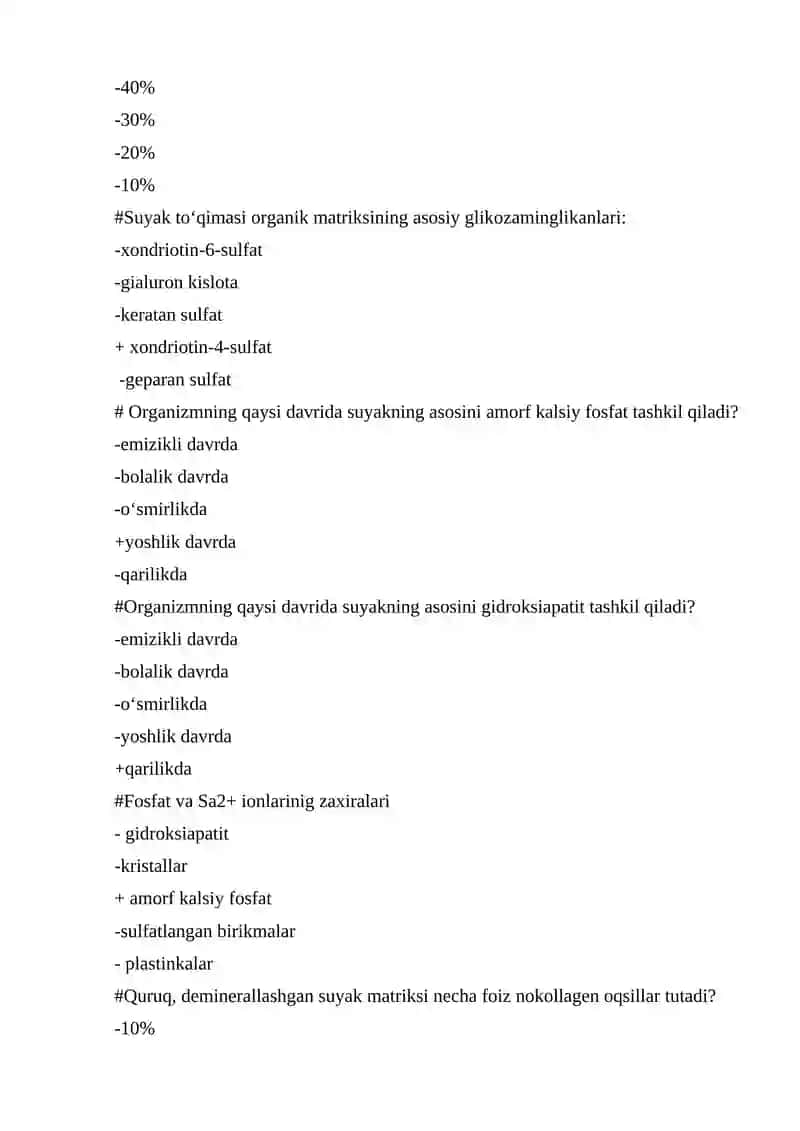 Suyak to‘qimasi rezorbsiyasi. Rezorbsiya va osteogenezning biokimyoviy mexanizmlari. test 2