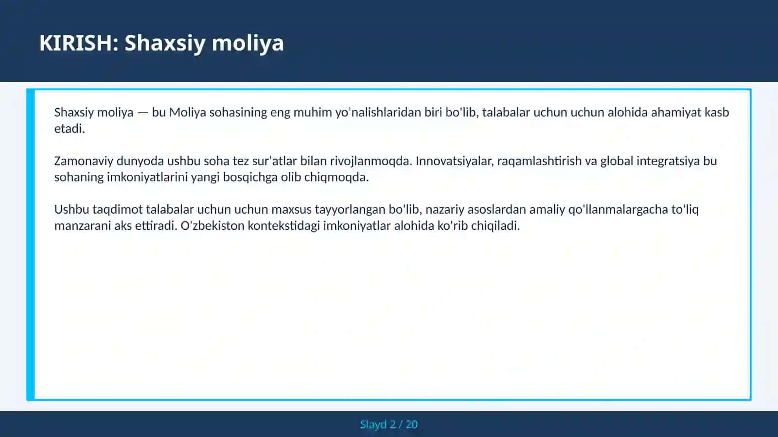 SHAXSIY MOLIYA 2