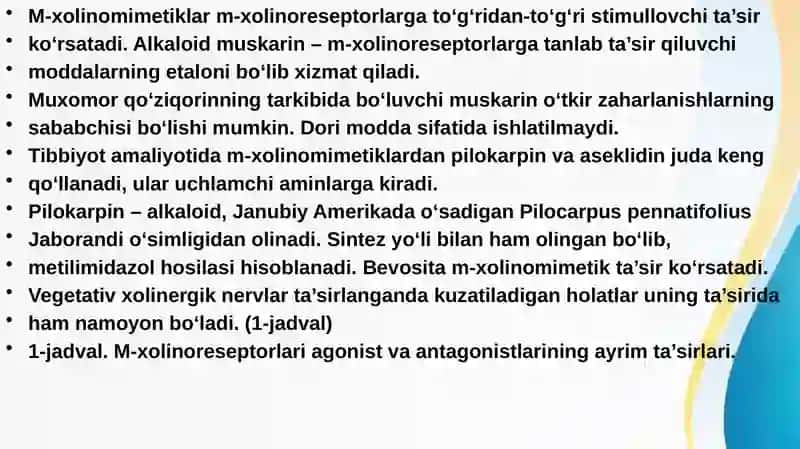 Xolinoretseptorlarga ta'sir etuvchi vositalar 2