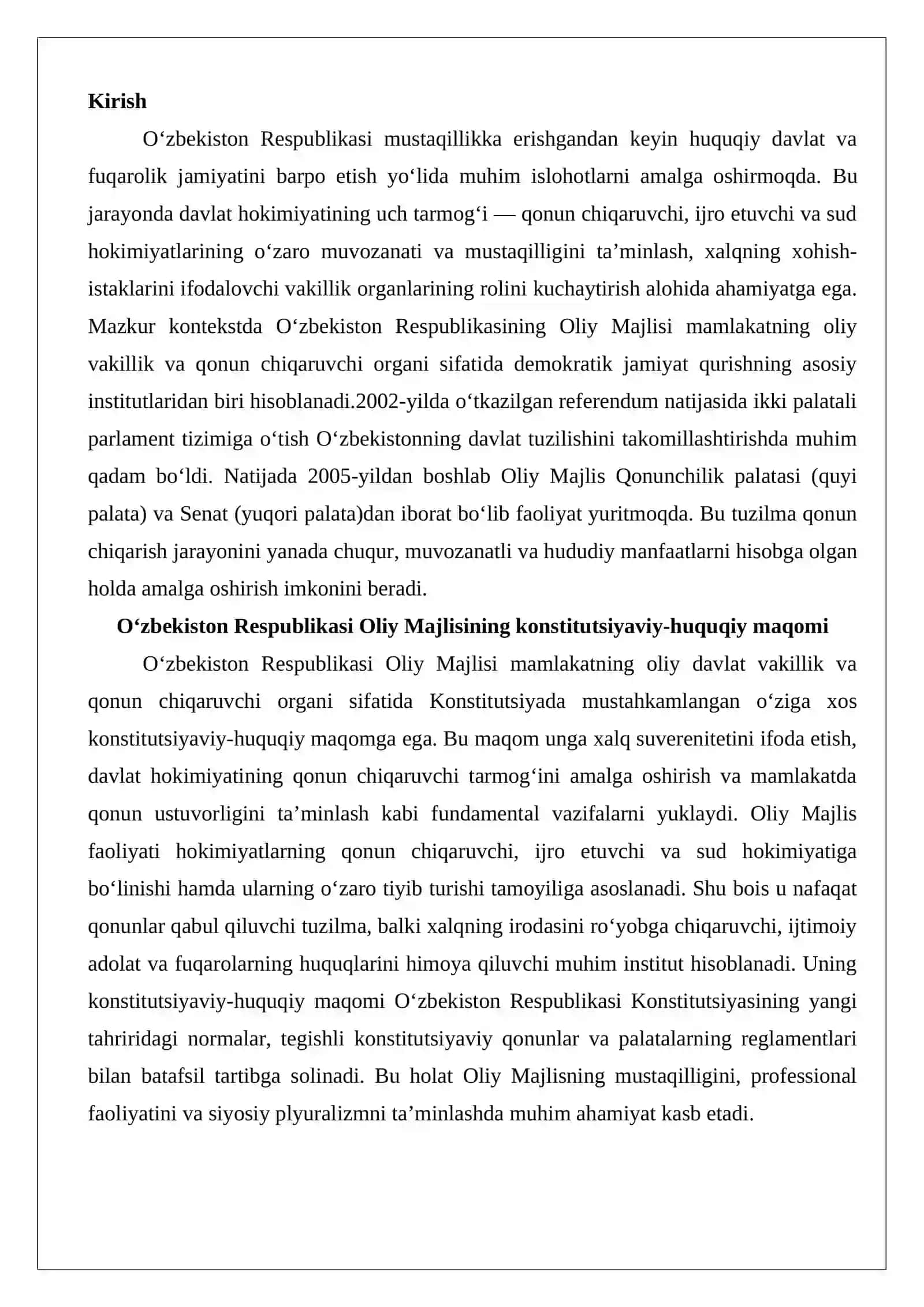 O‘zbekiston Respublikasining Oliy Majlisi palatalarining vakolatlari va tashkiliy faoliyati 2