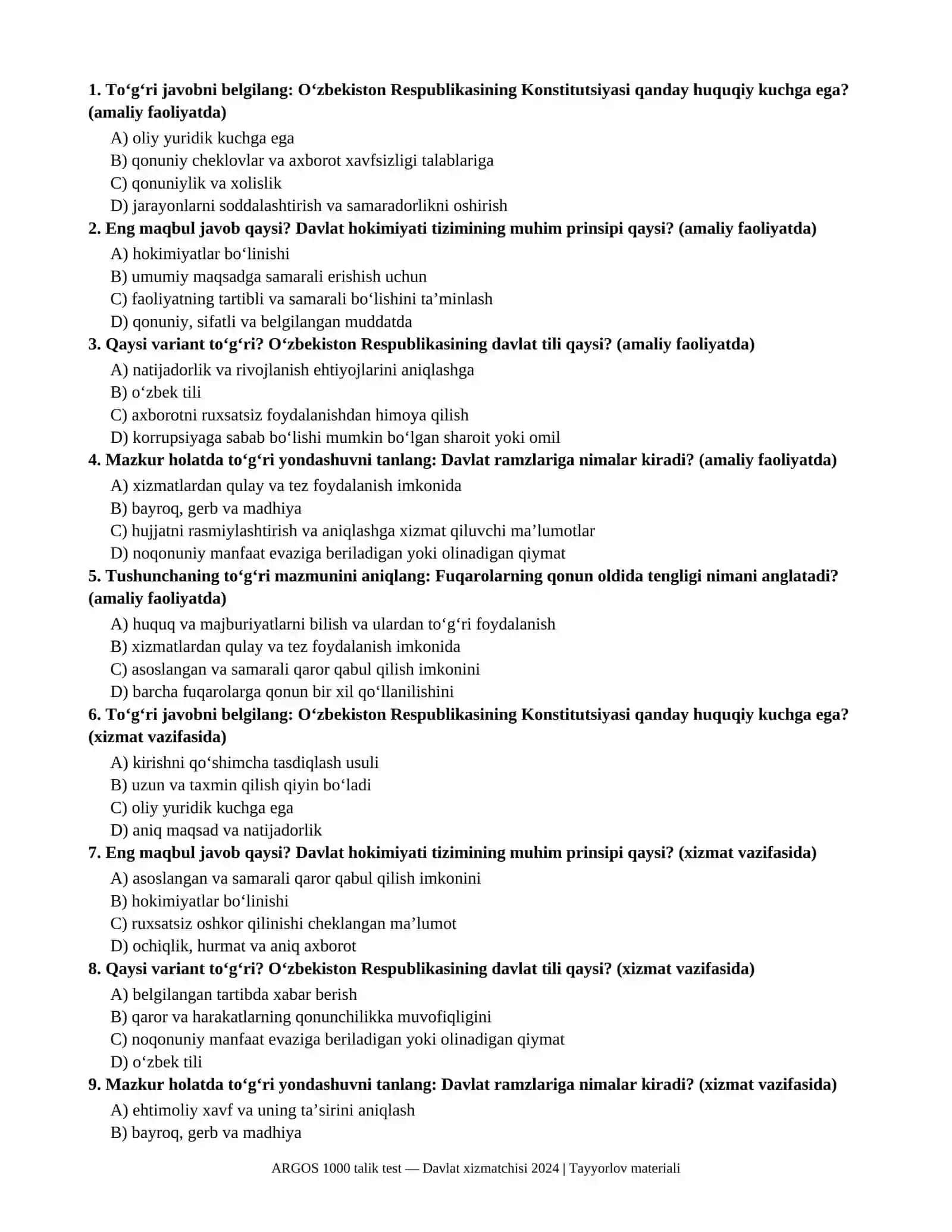 ARGOS 1000 talik test — Davlat xizmatchisi 2024, savol va javoblar 2