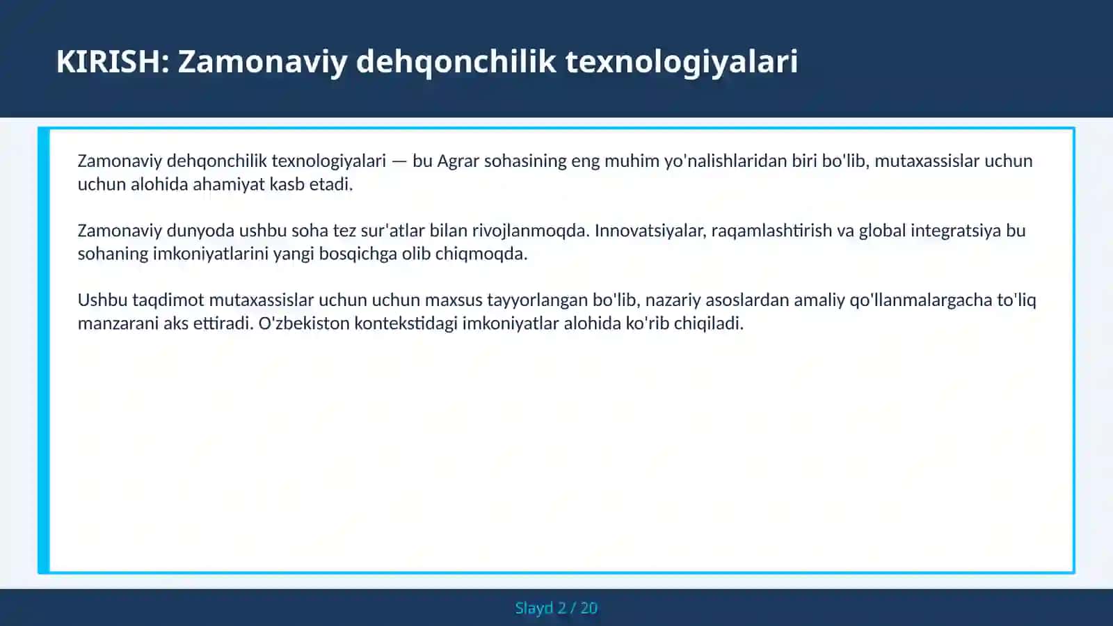 ZAMONAVIY DEHQONCHILIK TEXNOLOGIYALARI 2