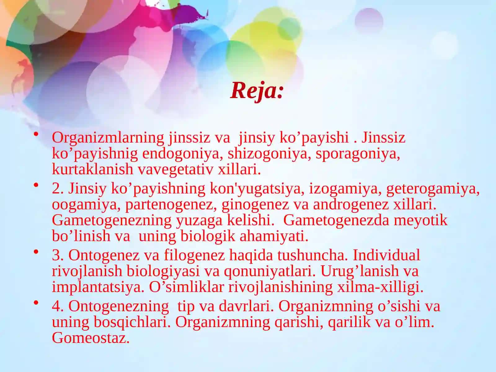 Organizmlarning ko’payishi. Individual rivojlanish 2