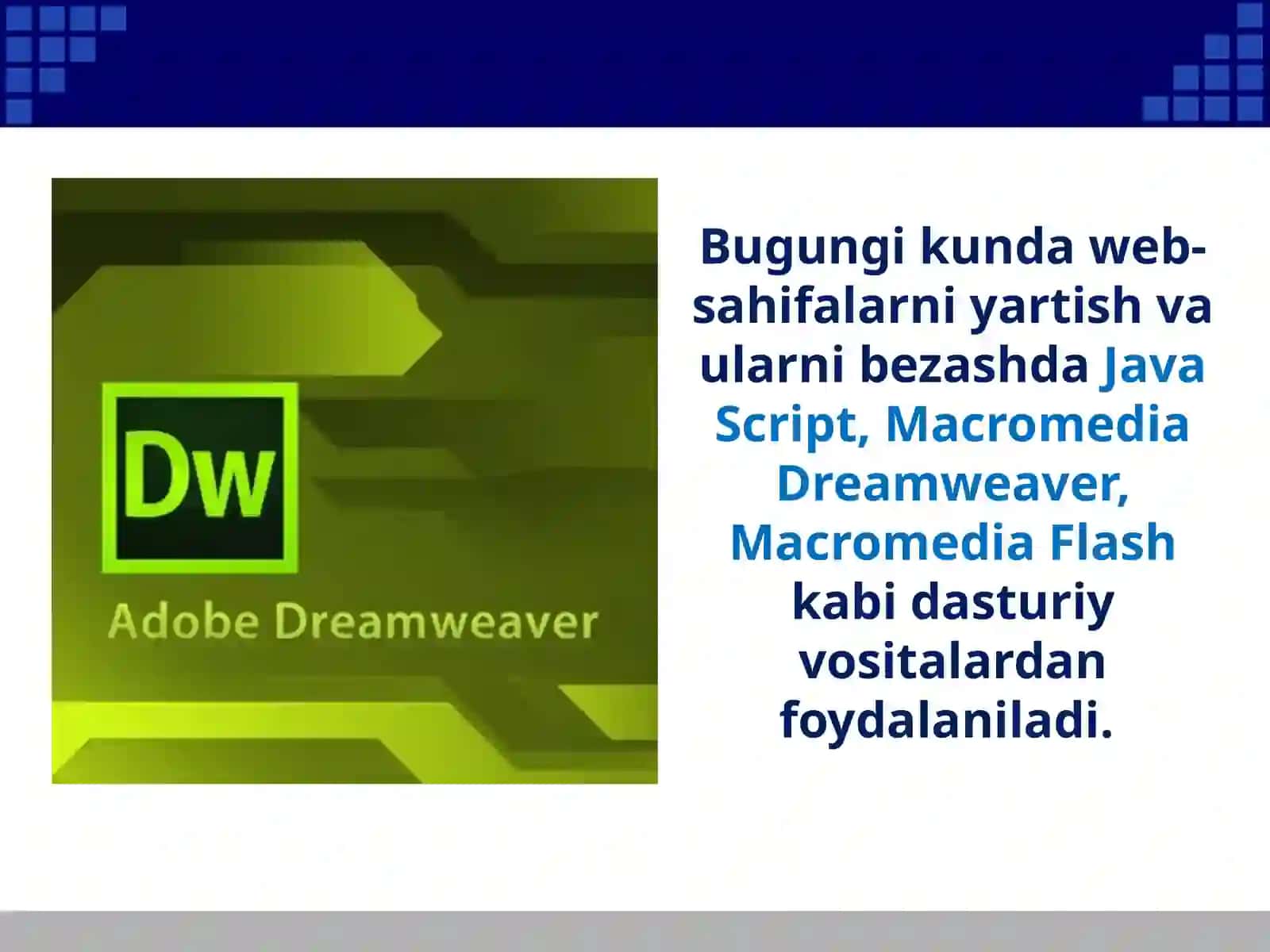 Web-dizayn va uning dasturiy ta'minoti. Macromedia flash dasturiy yordamida web-sahifa yaratish va bezash 2