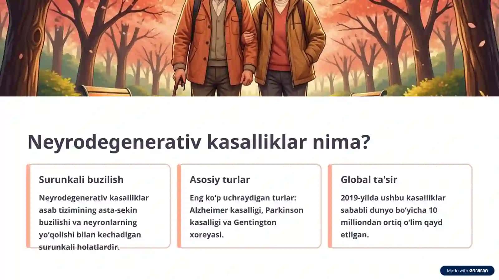 Neyrodegenerativ kasalliklar (Alsgeymer, Parkinson kasalliklari, Gentington xoreyasi) Etiologiyasi, patogenez, klinika, diagnostika, defferensial diagnostikasi 2