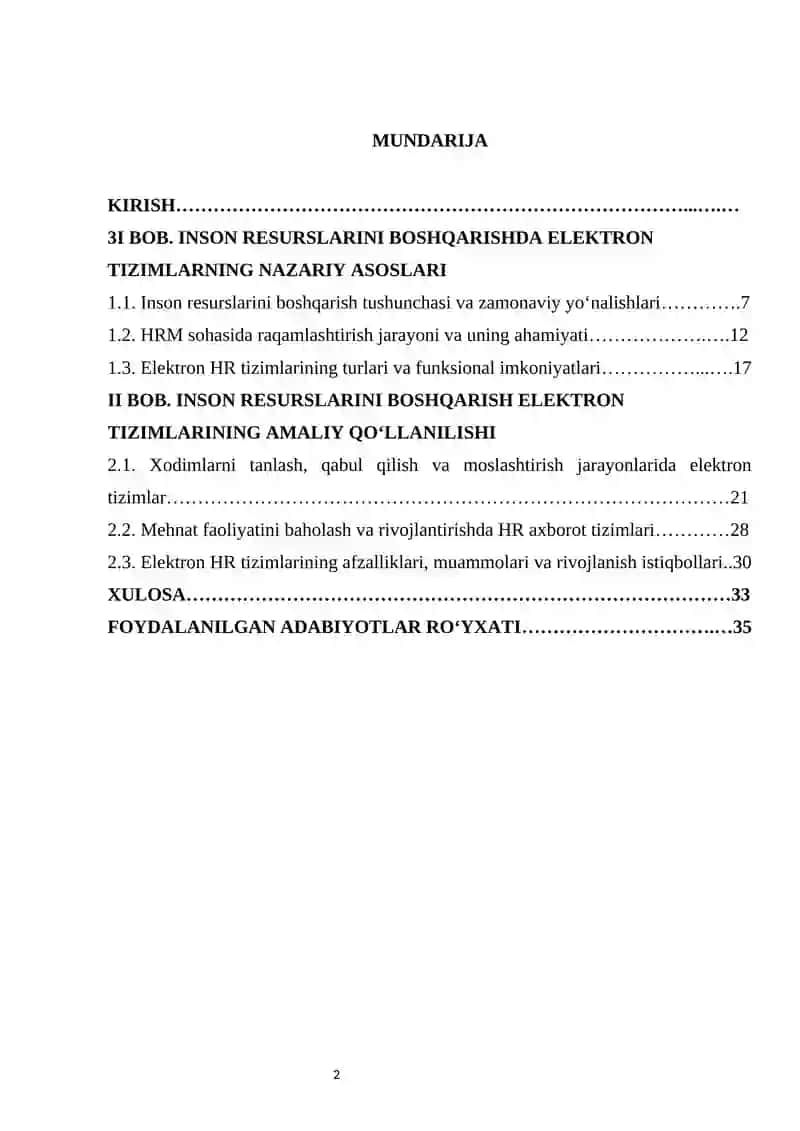 Inson resurslarini boshqarish elektron tizimlari kurs ishi 2