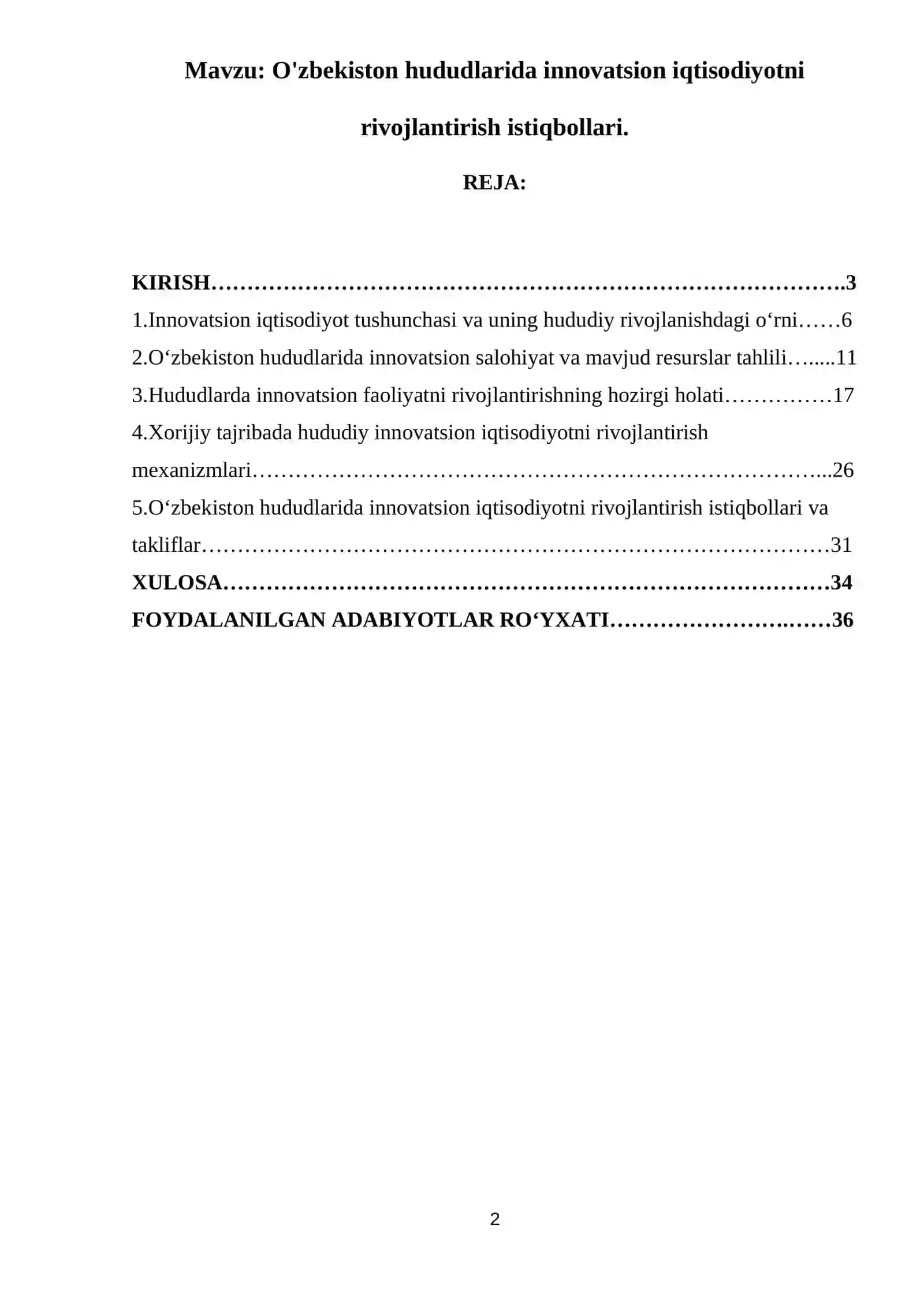 Kurs ishi "Innovatsion iqtisodiyotni rivojlantirish istiqbollari" 2