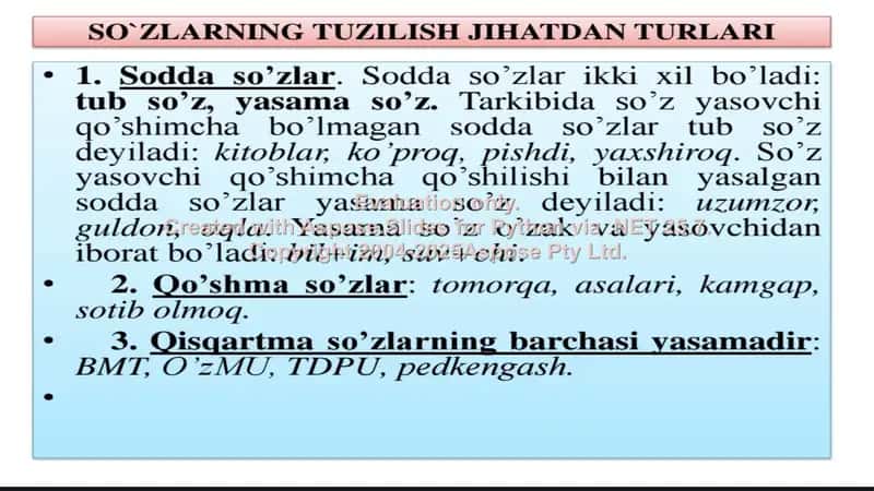 Soʻz yasalishi va tuzilishiga koʻra turlari 2