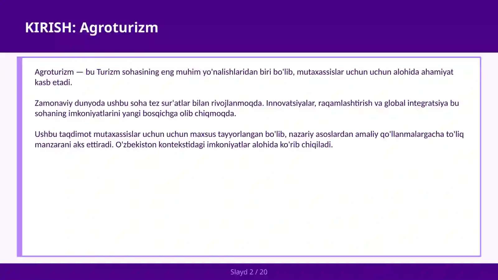 Agroturizm mutaxassislar uchun 2