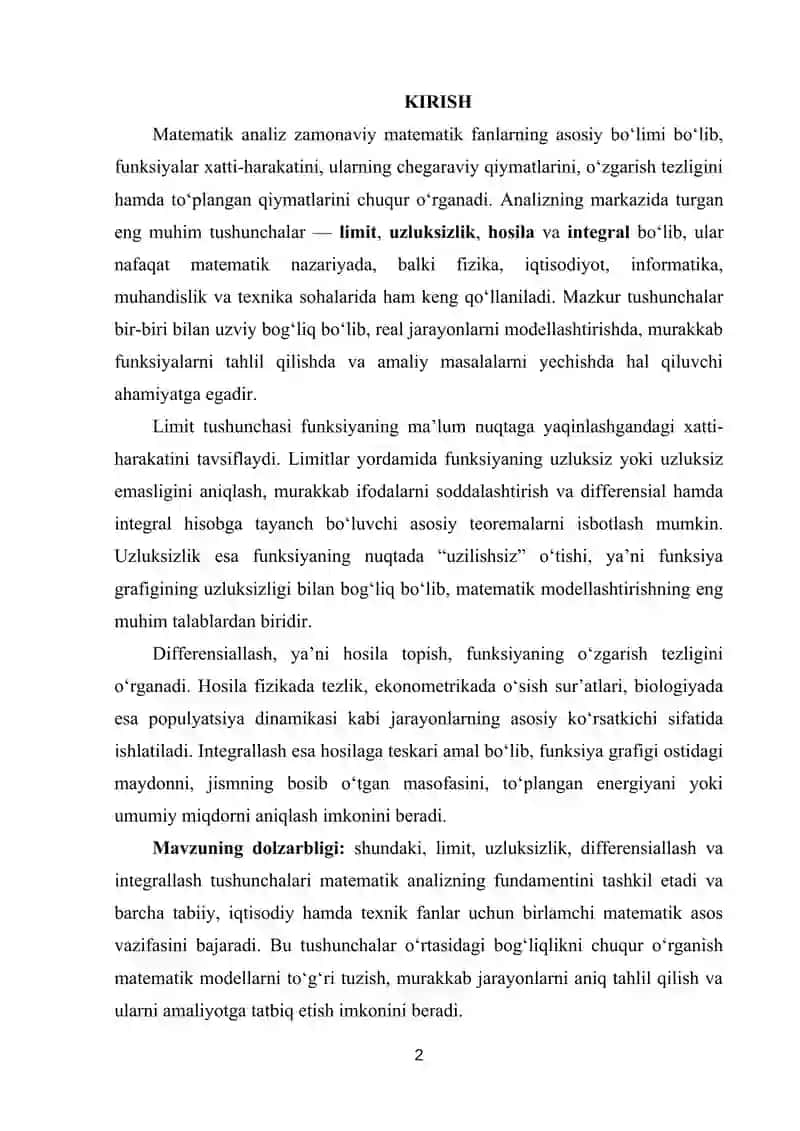 Limit funksiyaning uzluksizligi uni differensiallash va integrallash 2