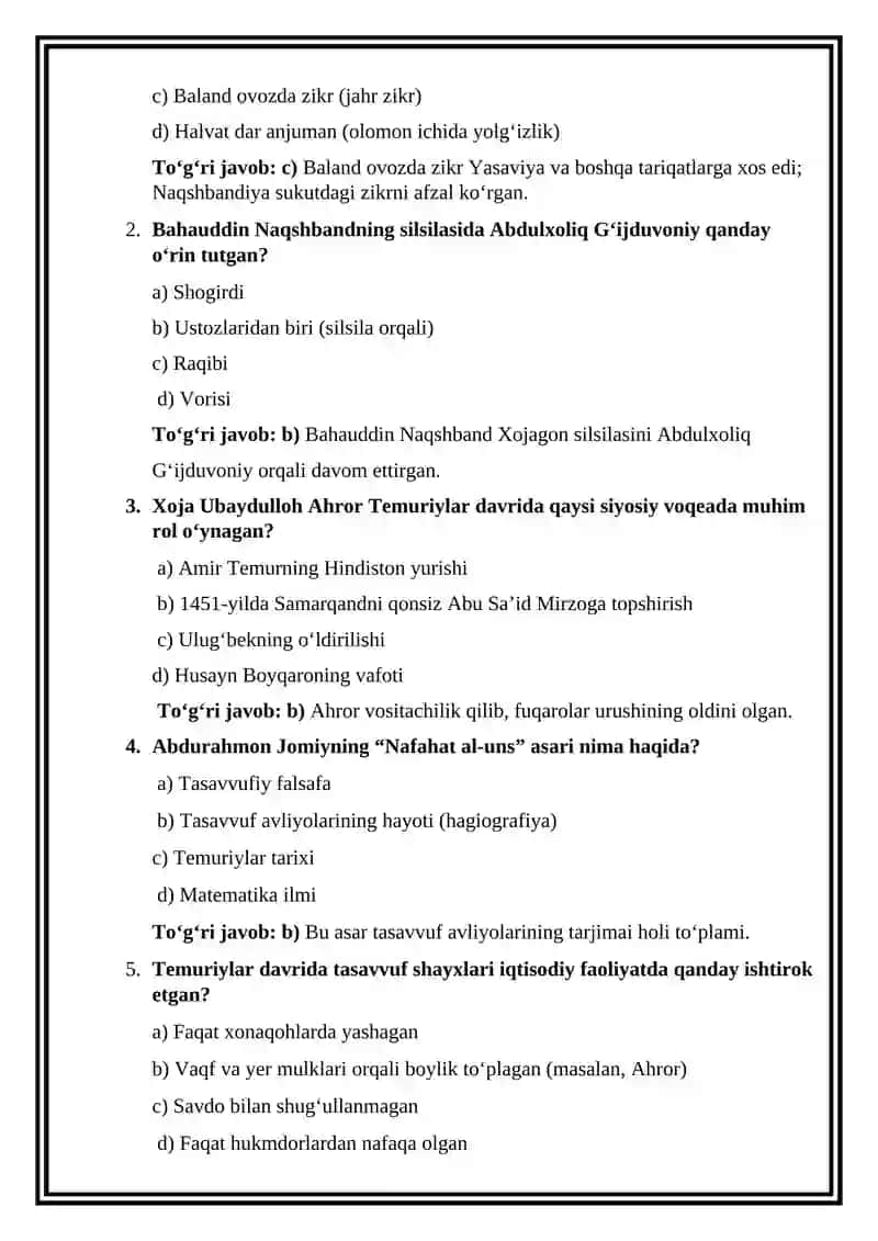 Temuriyar davlatida tasavvuf vakillari faoliyati test 2